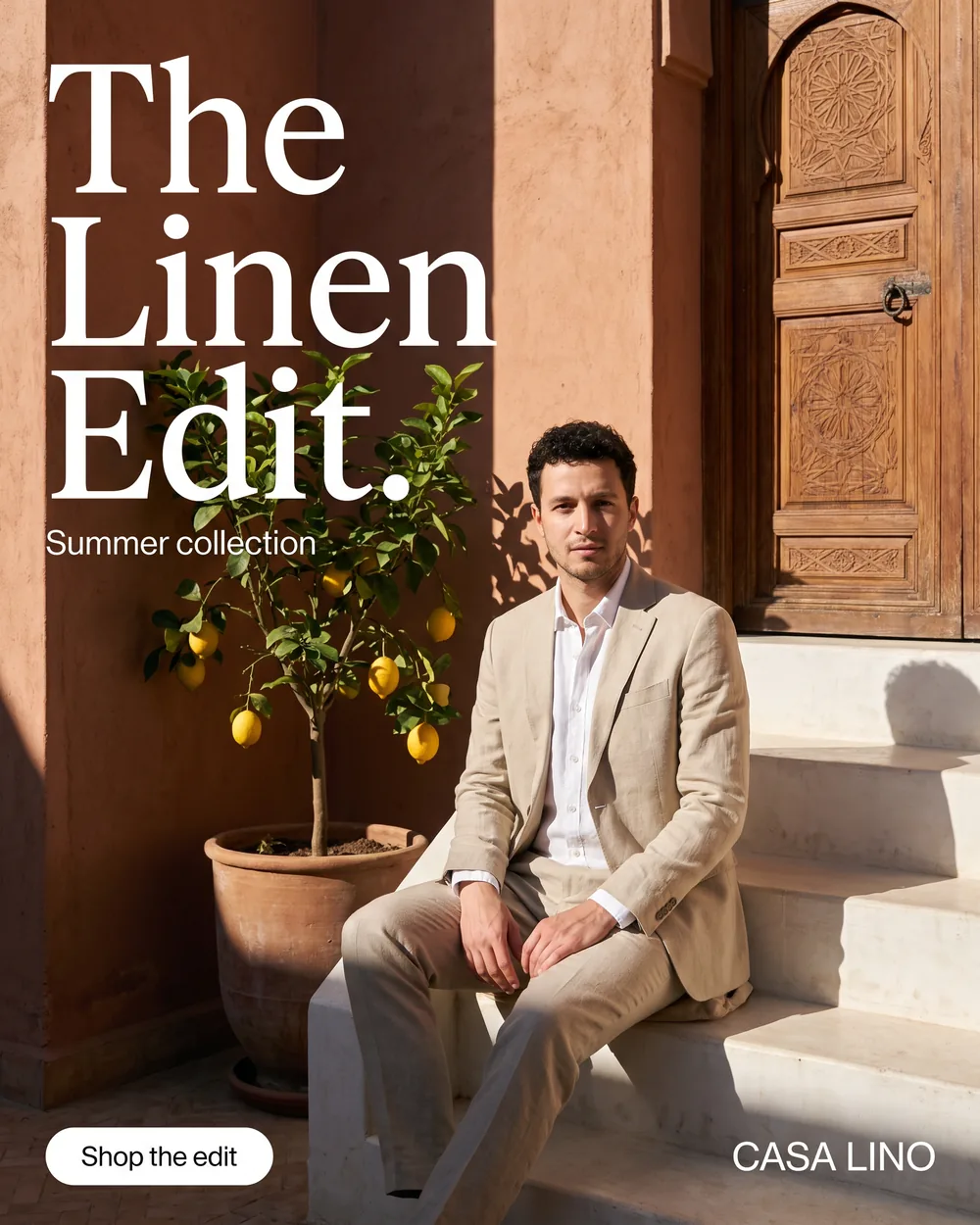 The same linen ad with the man seated on the riad steps in a sand linen suit