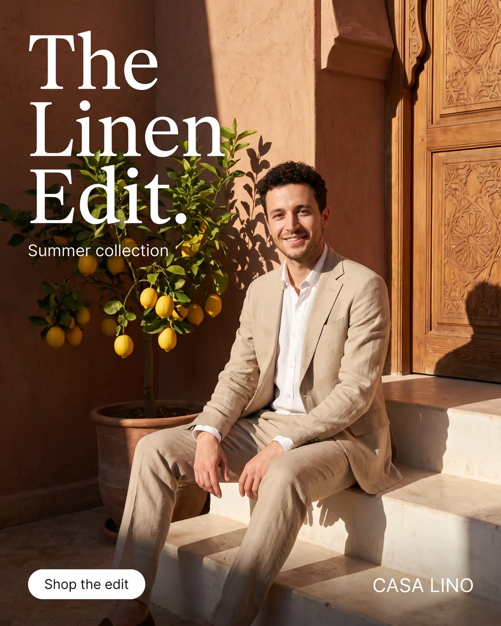 A man in a linen suit on riad steps, set in a fashion ad layout