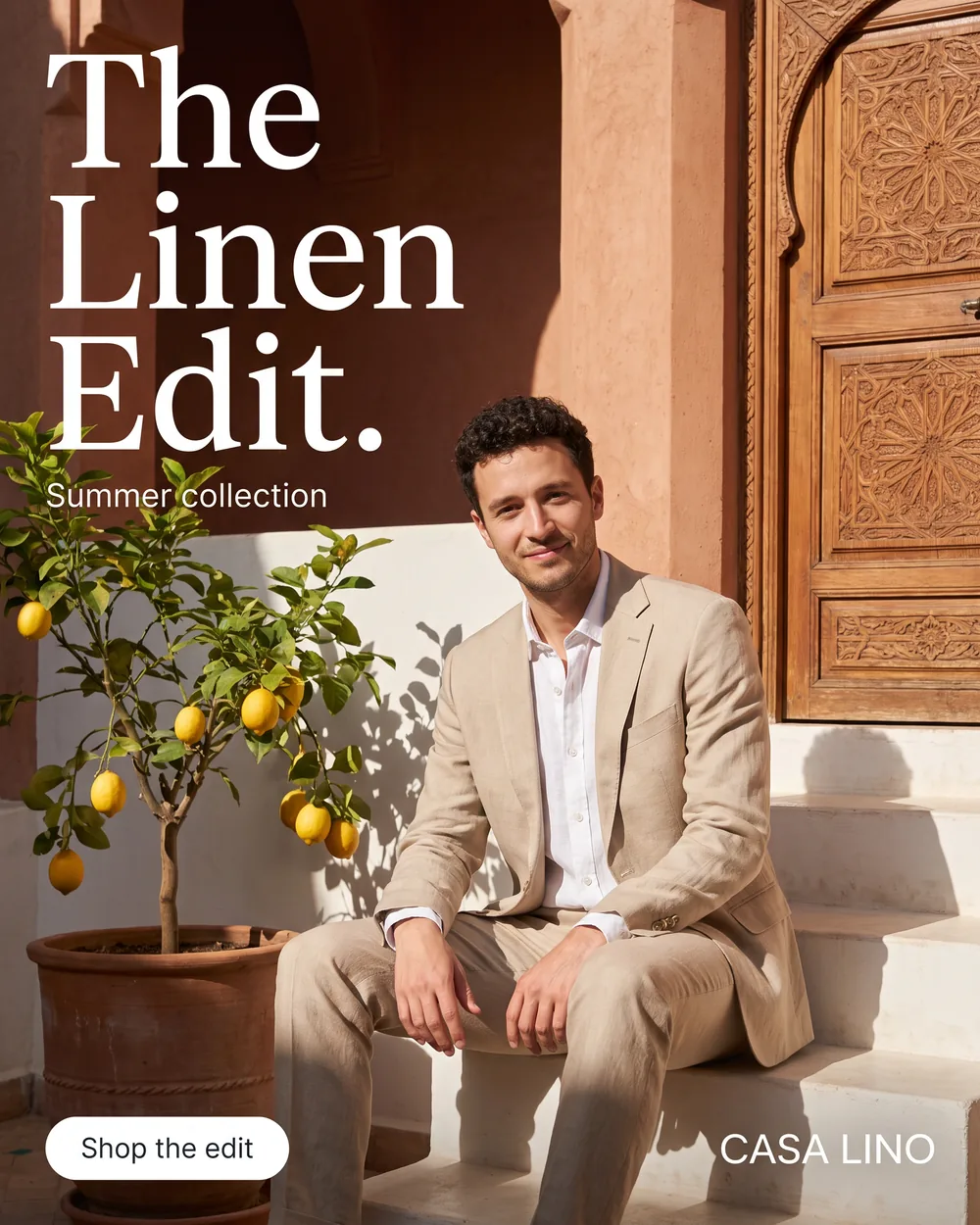The same linen ad with the man seated on the riad steps in a sand linen suit