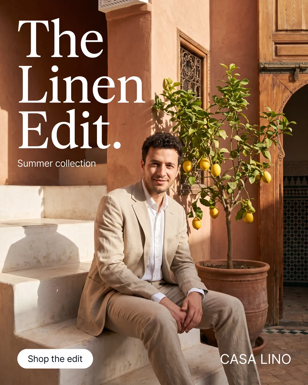 The same linen ad with the man seated on the riad steps in a sand linen suit