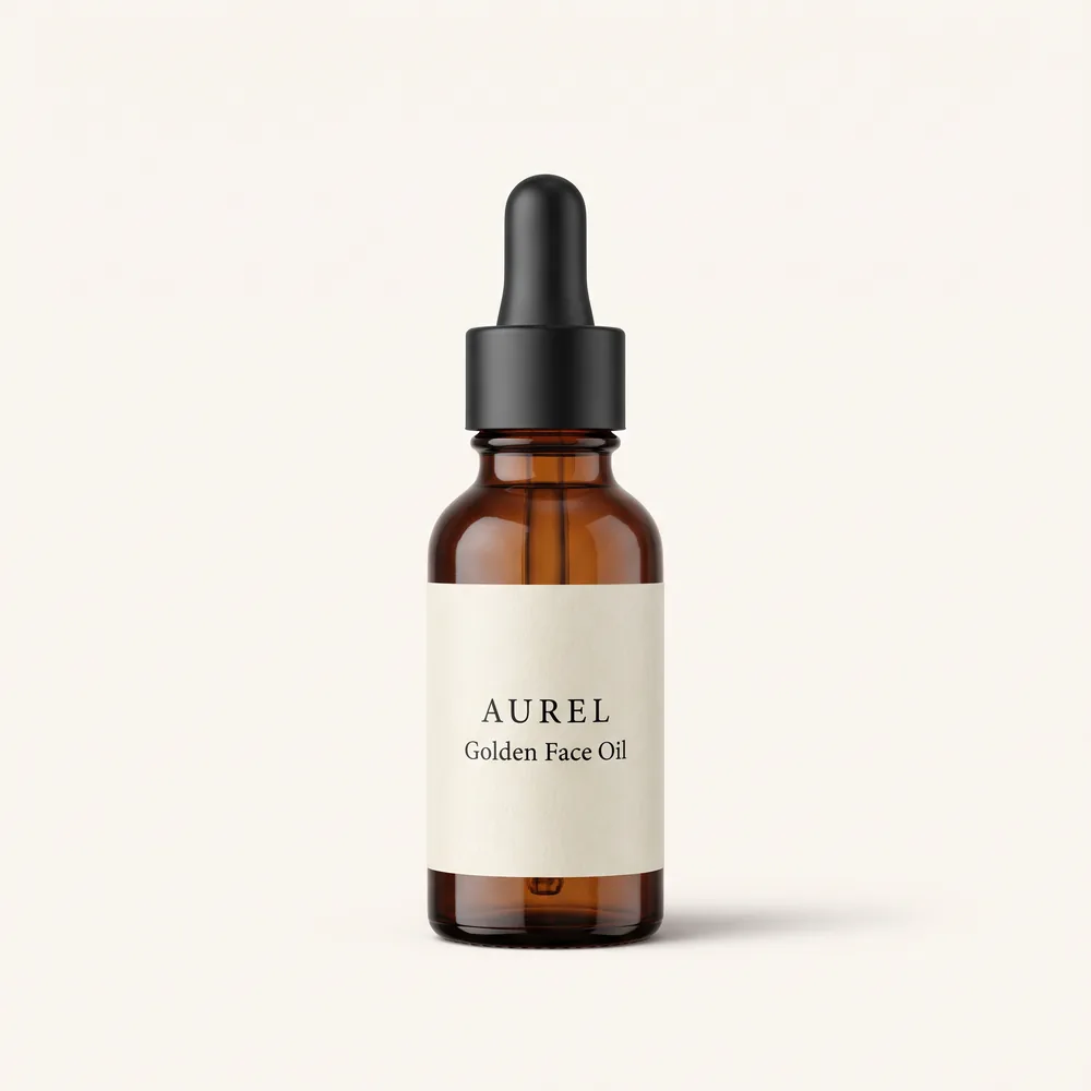 An amber dropper bottle of AUREL golden face oil