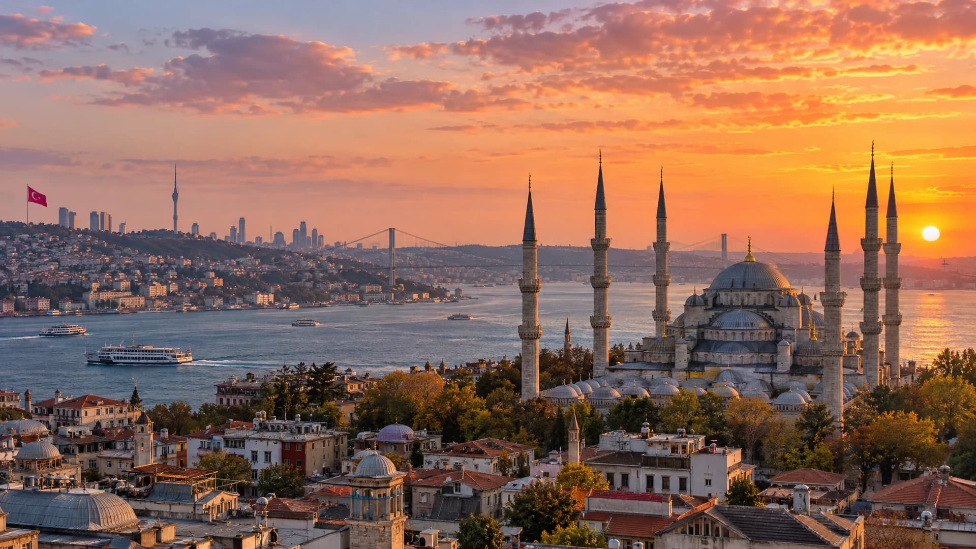 The Blue Mosque and the Bosphorus in Istanbul at sunset