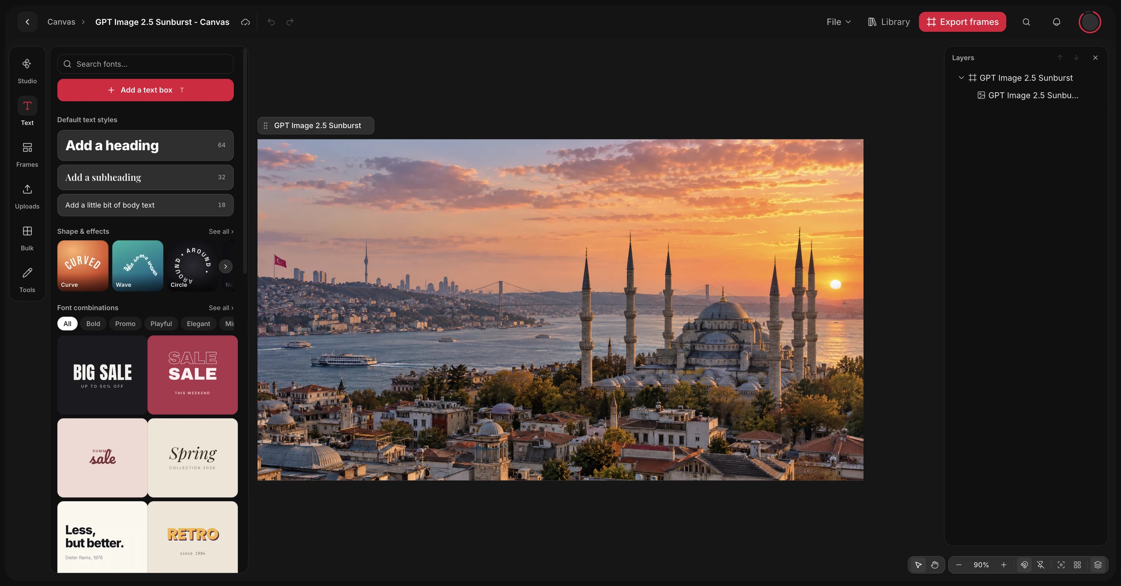 The Canvas room: the Text panel on the left, the Layers panel on the right and a frame with a picture of Istanbul at sunset on the board