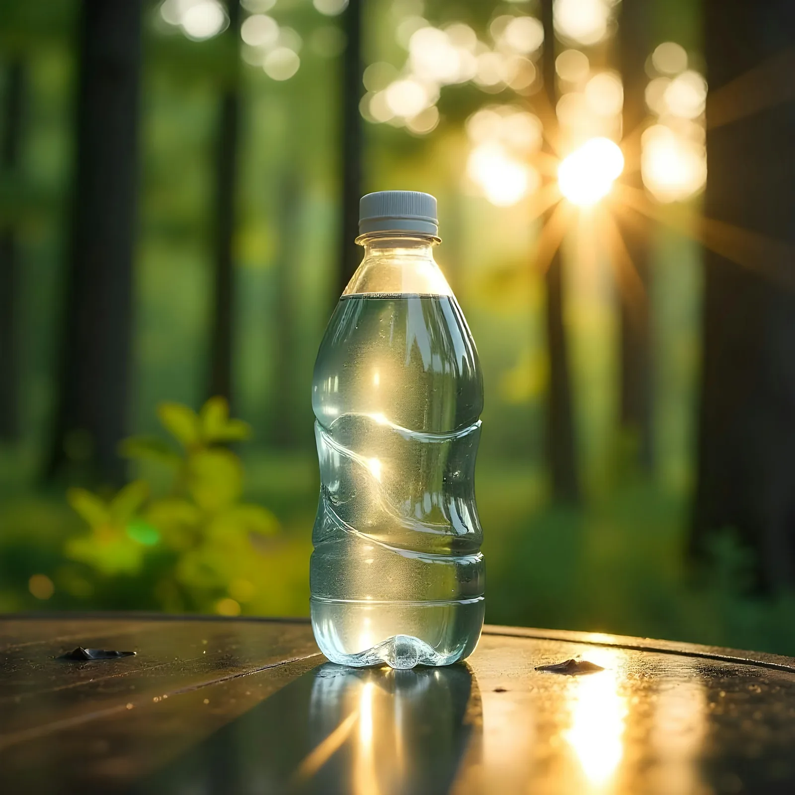 A water bottle on a wooden table in a sunlit forest