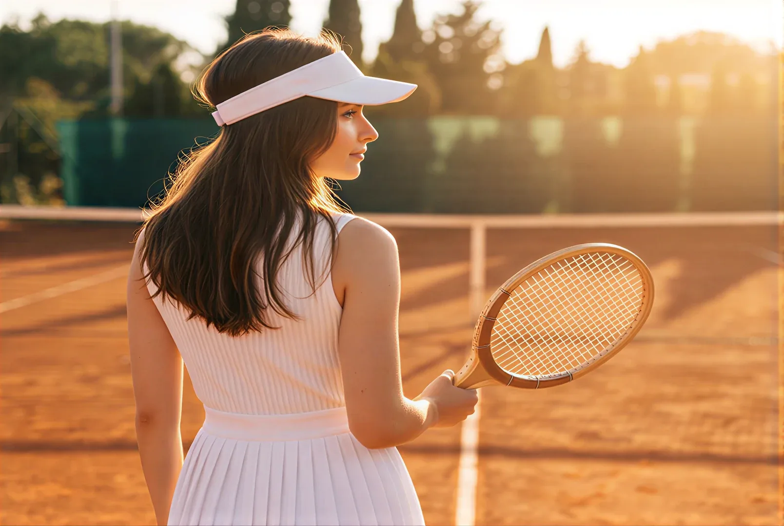 The player from behind her shoulder, looking toward the net