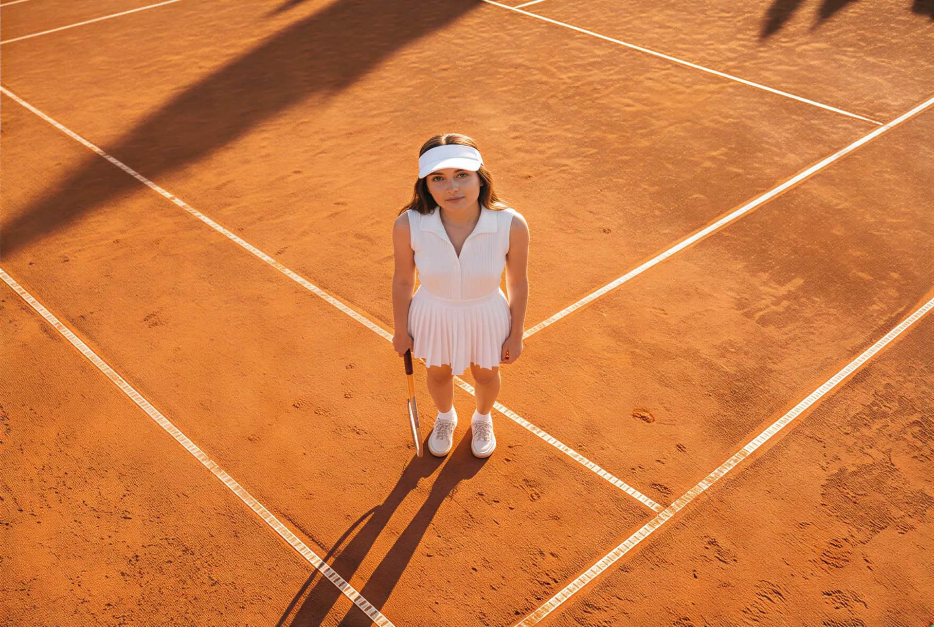 The player seen from straight above on the clay court