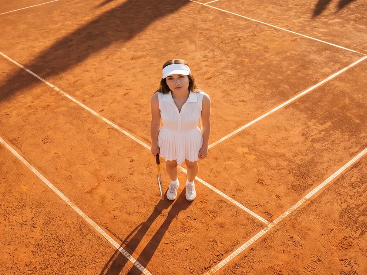 The court from straight above, the player and her long shadow