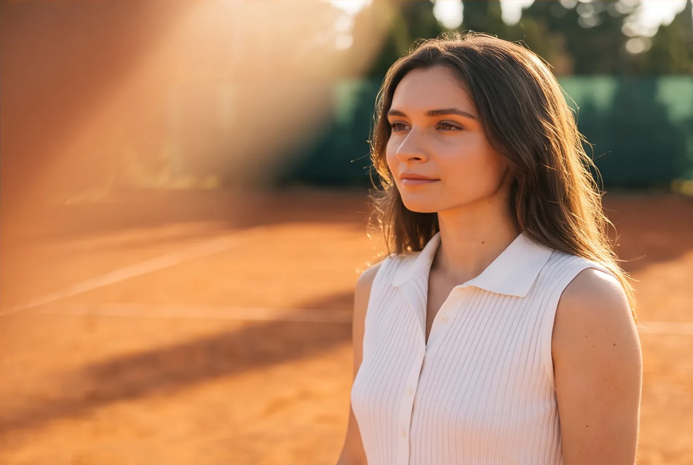 The player in three-quarter view, a flare of low sun beside her