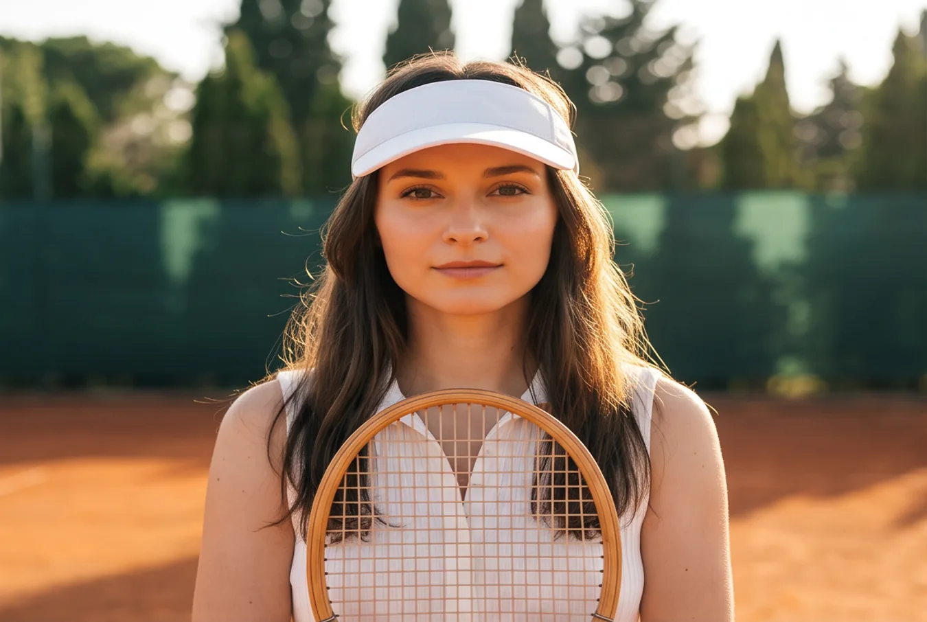 The player straight to camera, the racket held in front of her