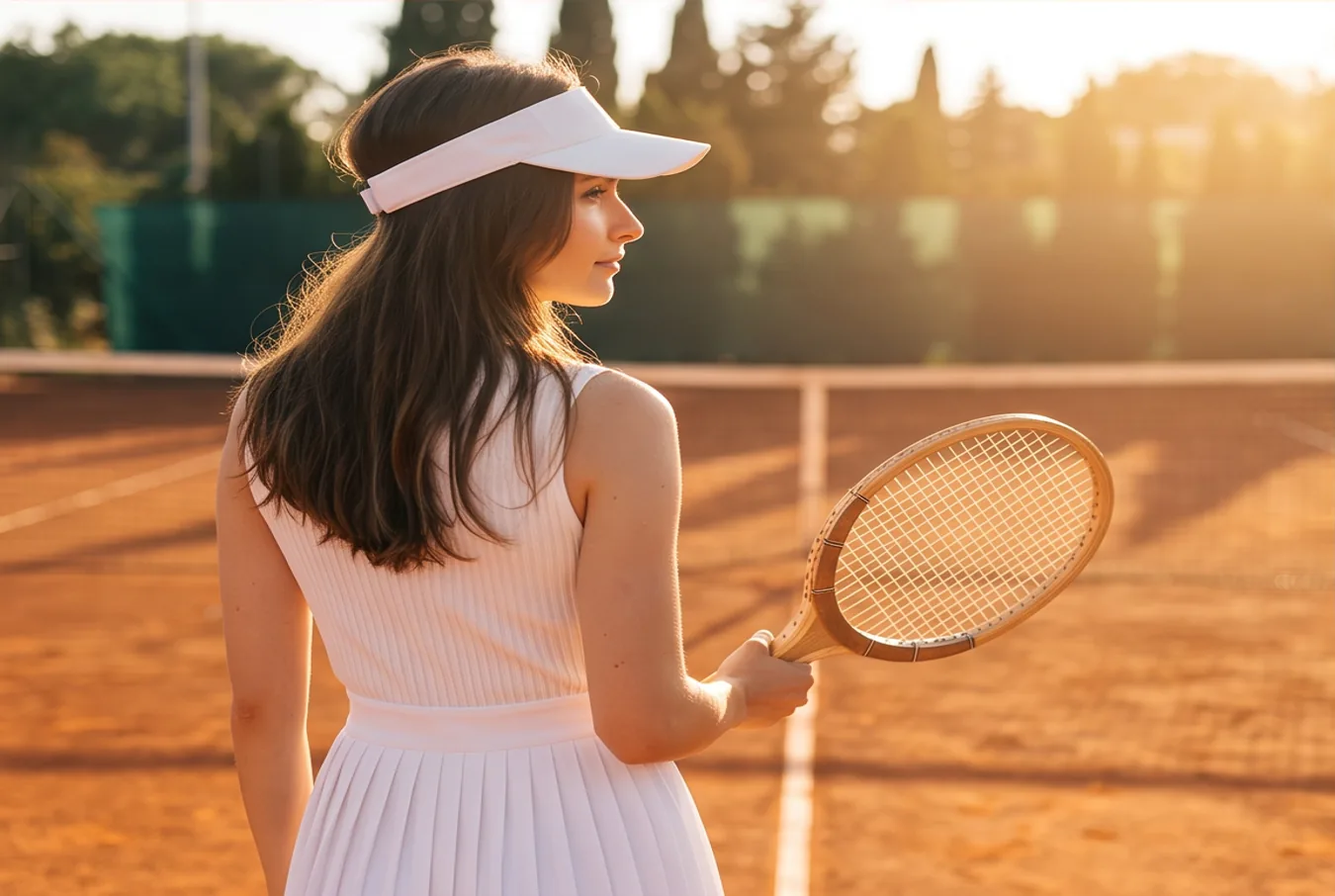 The player from behind her shoulder, looking toward the net