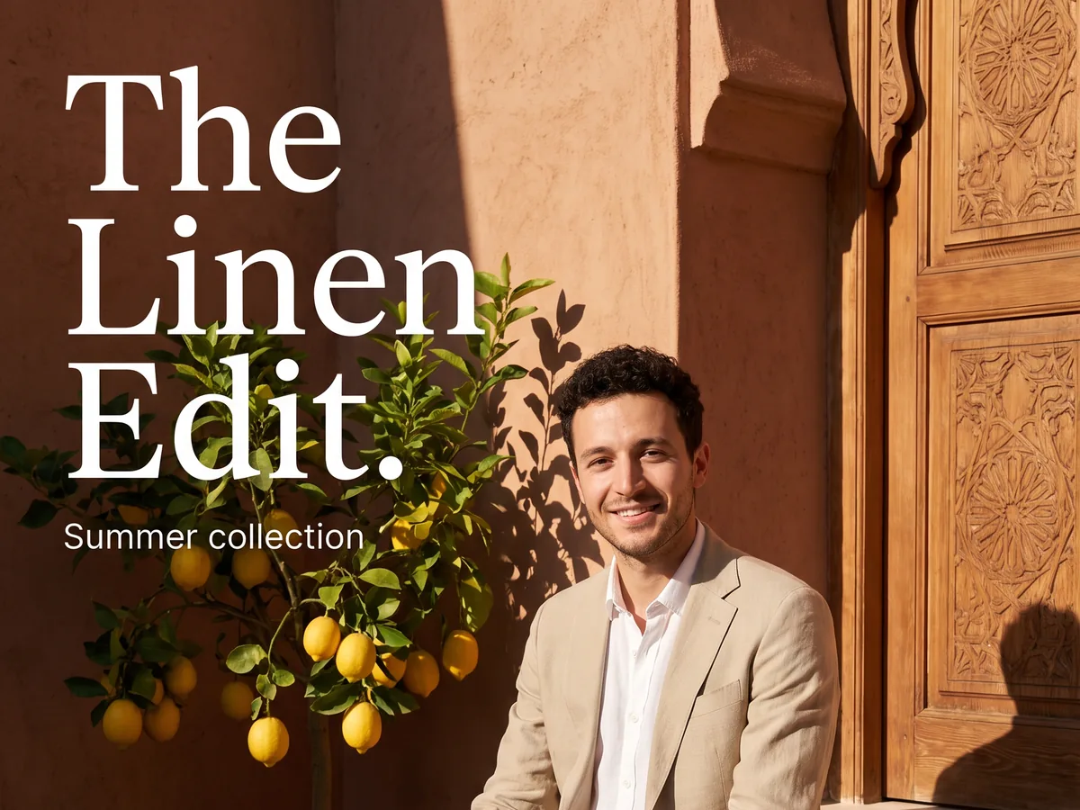 The headline The Linen Edit. over the man on the riad steps