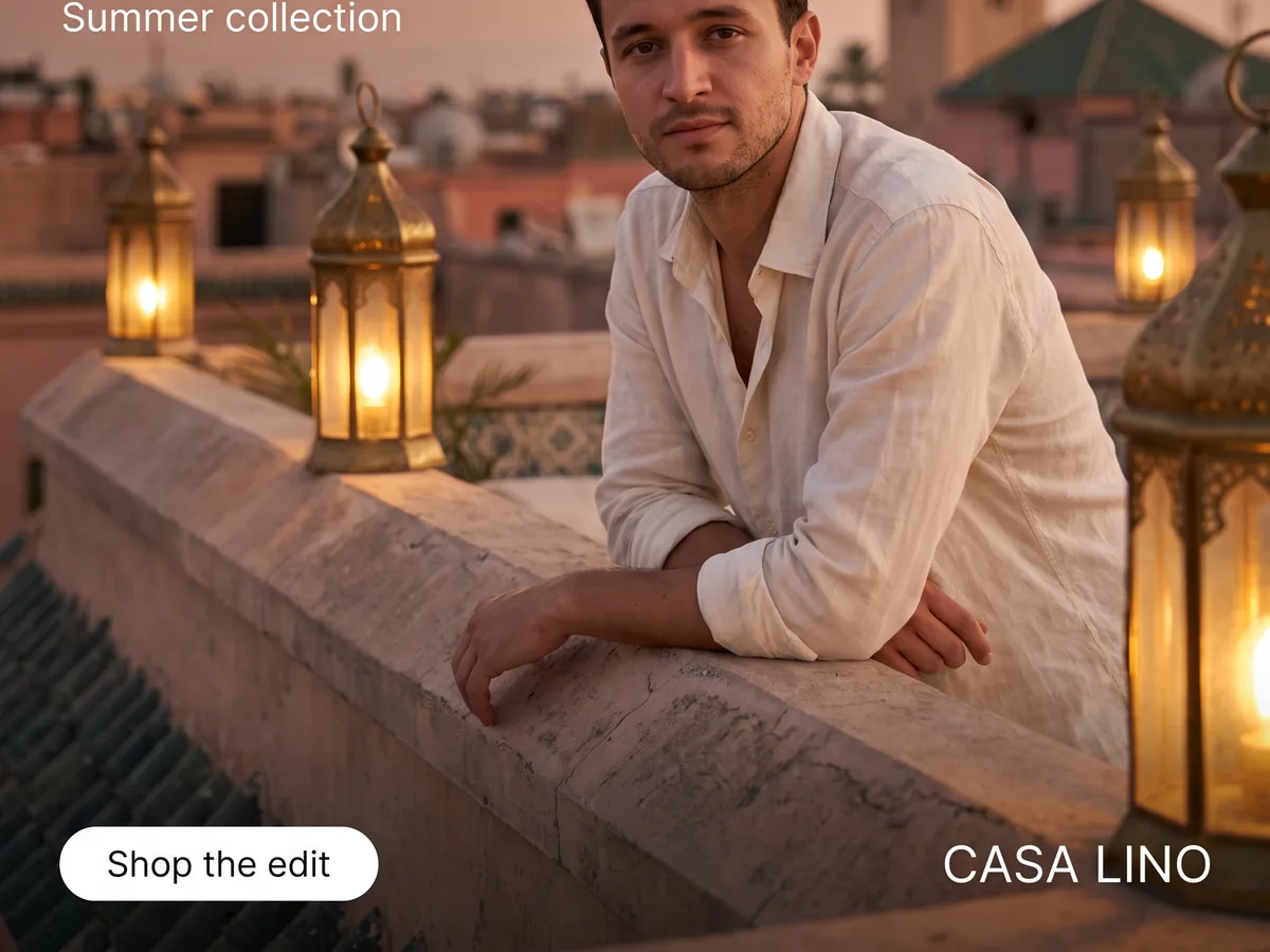 Brass lanterns and the medina behind the man at dusk
