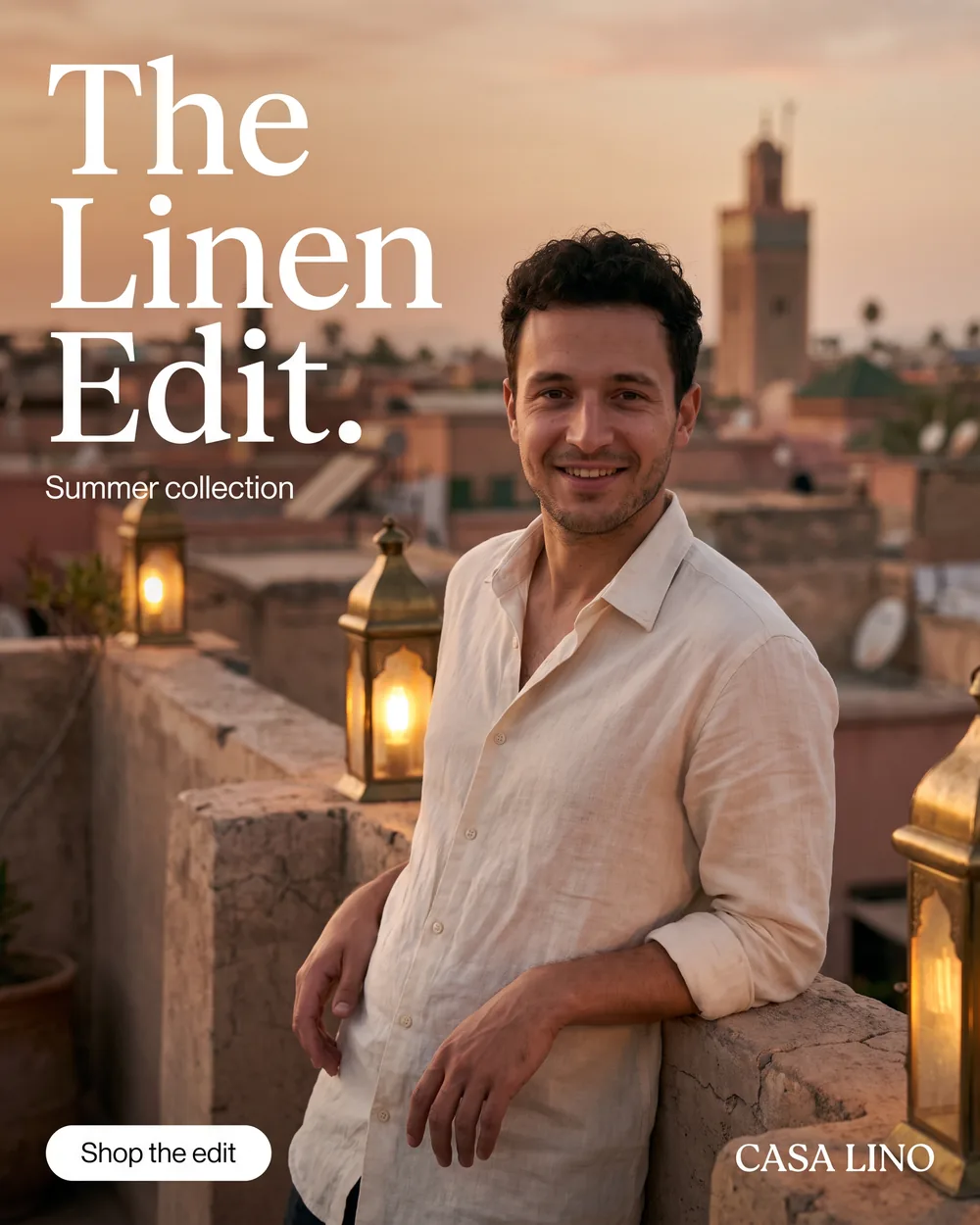 The same linen ad with the man on a rooftop above the medina at dusk