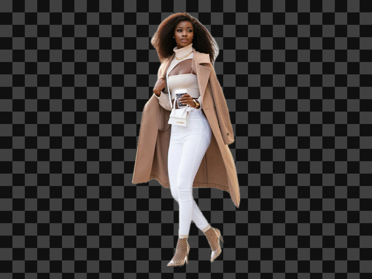 A woman in a camel coat, cut out on a checkerboard