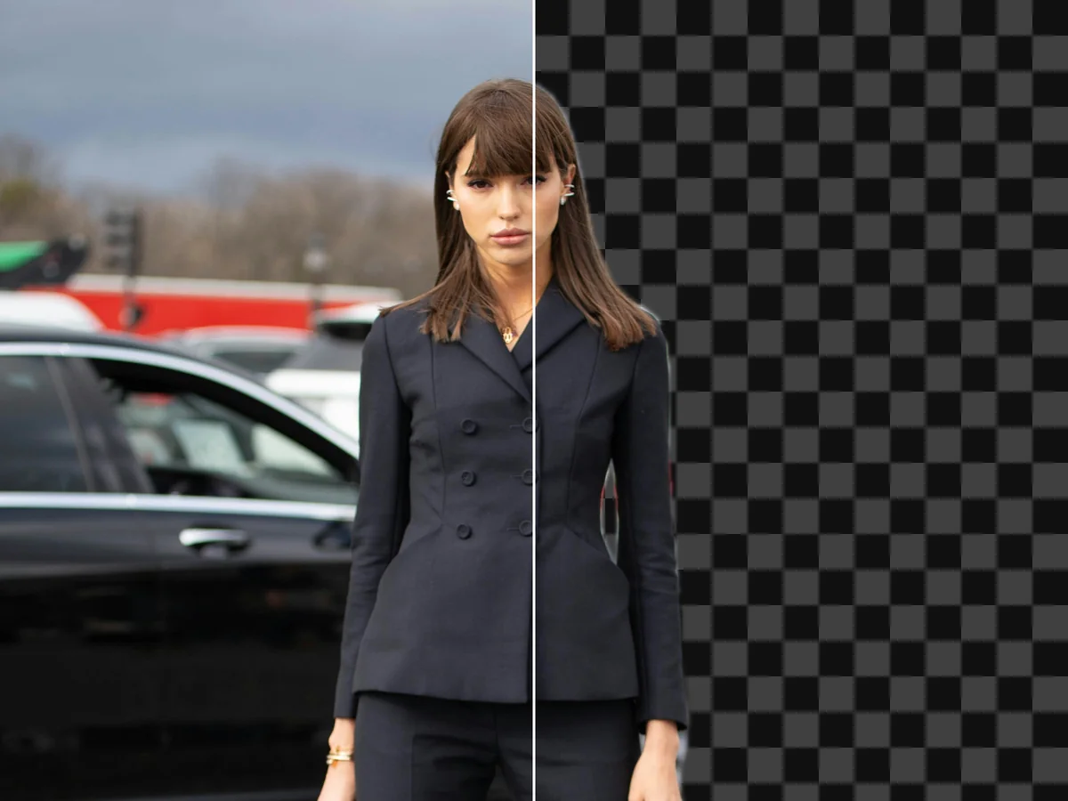 A woman in a suit, half photo and half cut-out