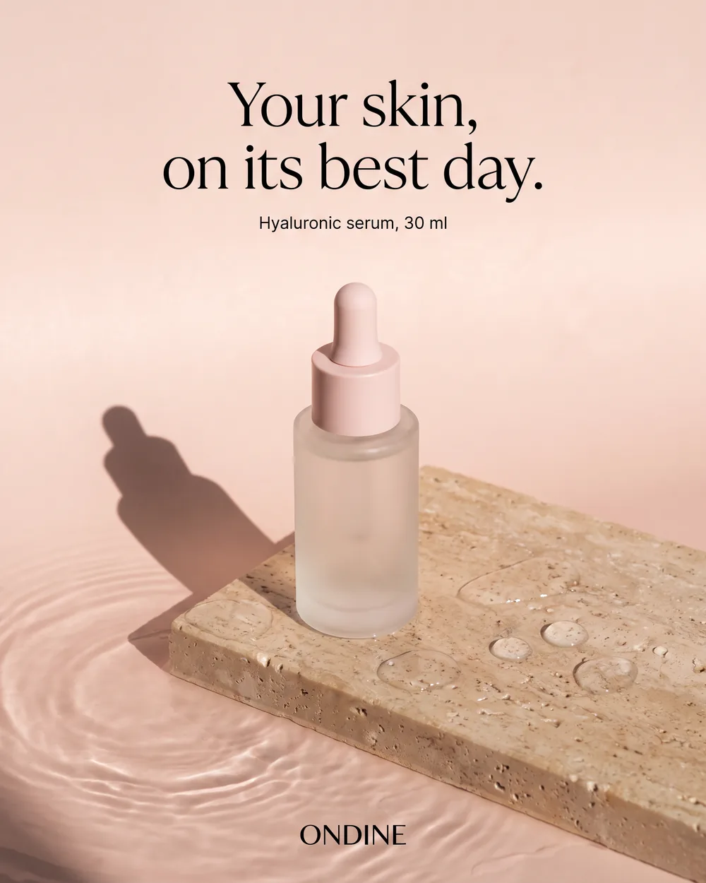 A serum ad on a blush-pink backdrop that reads Your skin, on its best day.