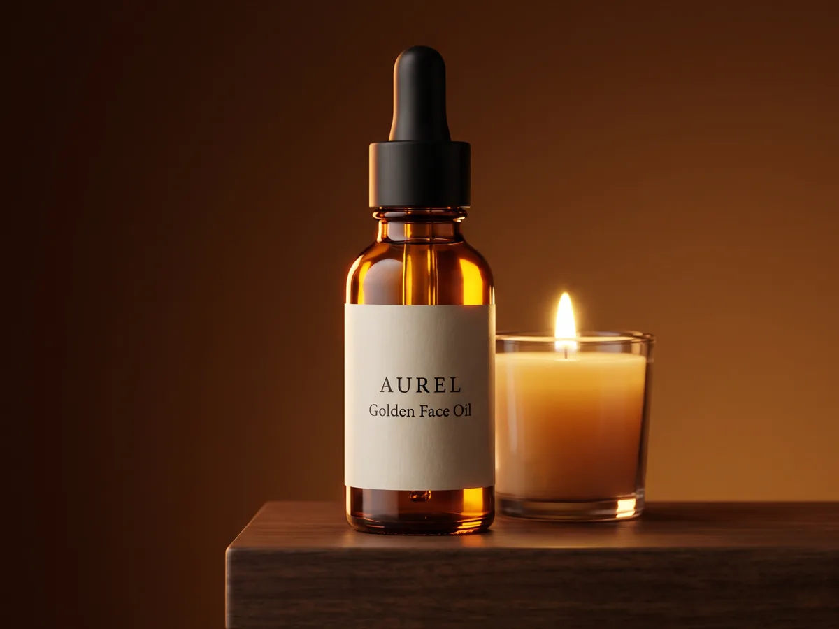 The amber bottle beside a candle on a walnut shelf