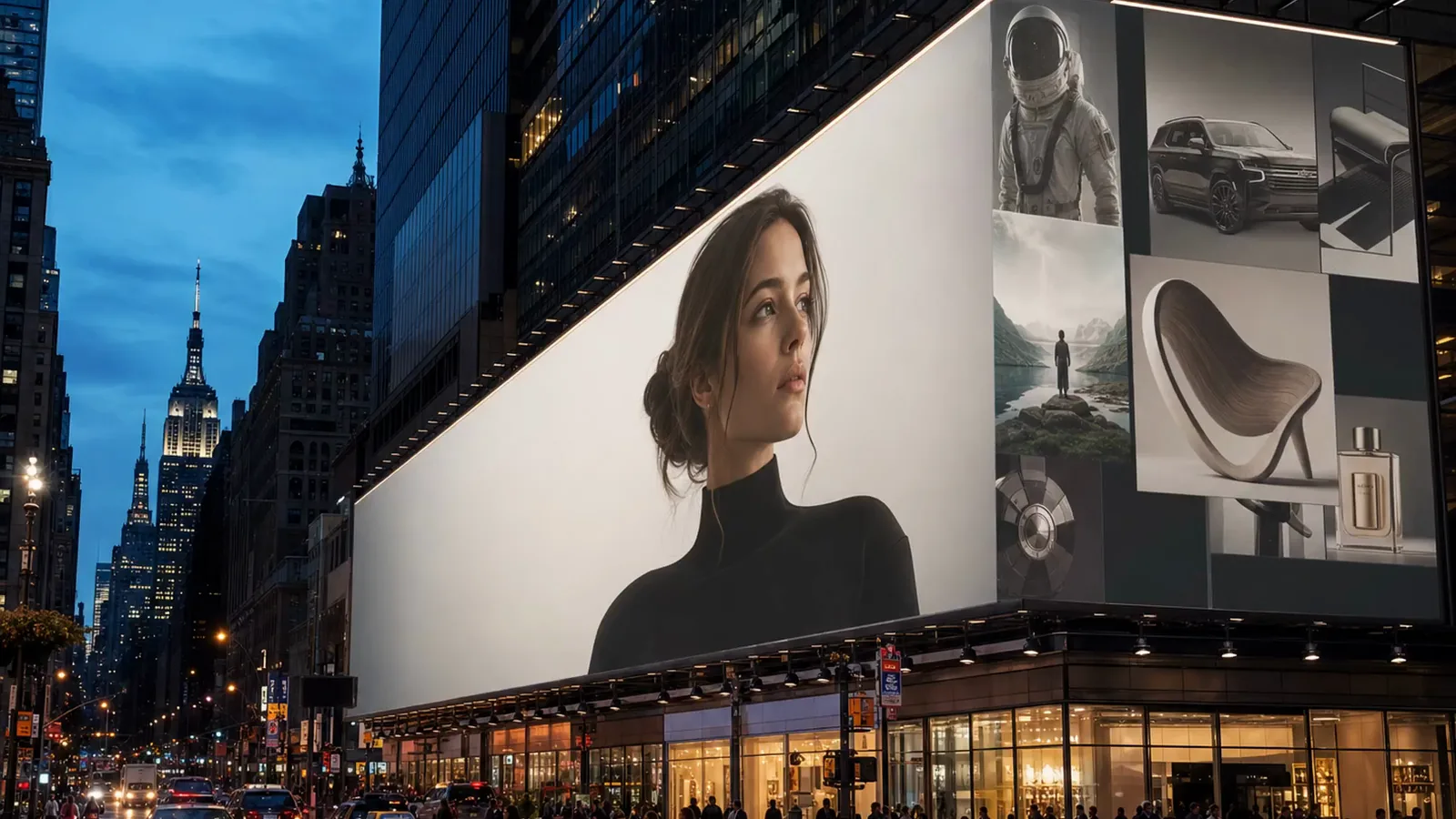 A billboard of a woman in a black turtleneck above a Manhattan street at dusk