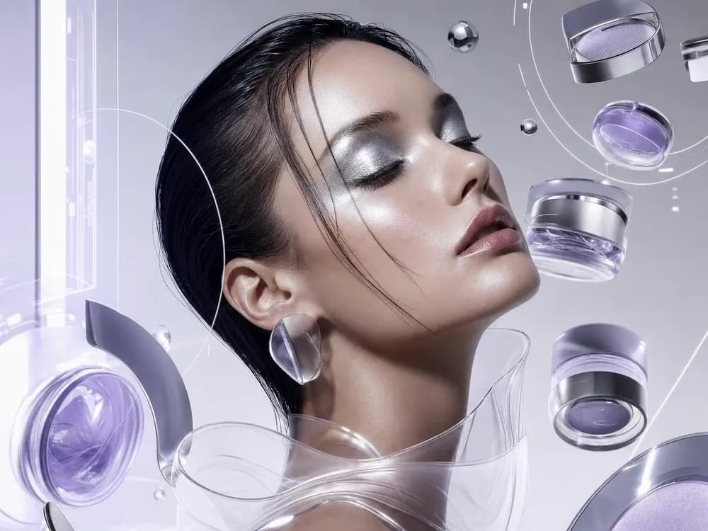 A woman with silver makeup among floating lilac cosmetics