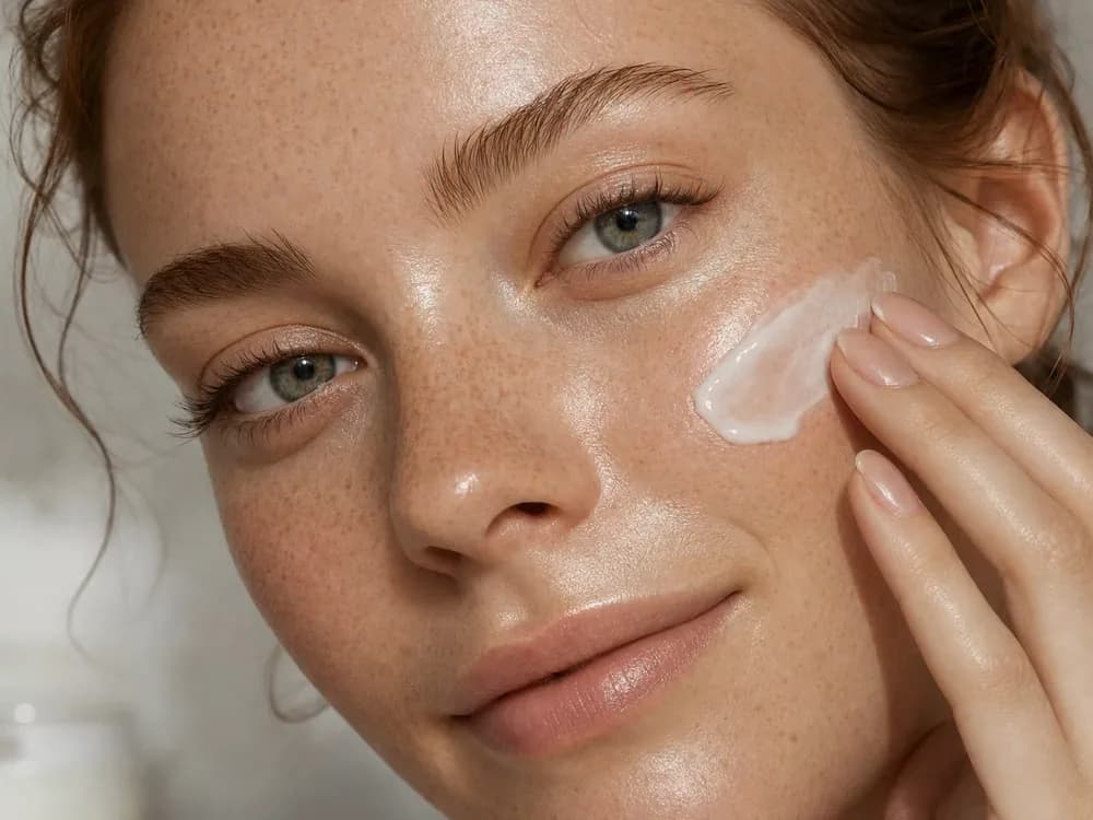 A freckled woman smoothing cream onto one cheek