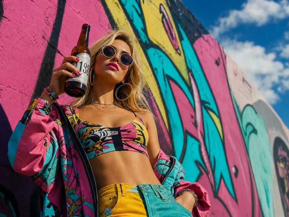 A woman in a patterned jacket against a bright graffiti wall
