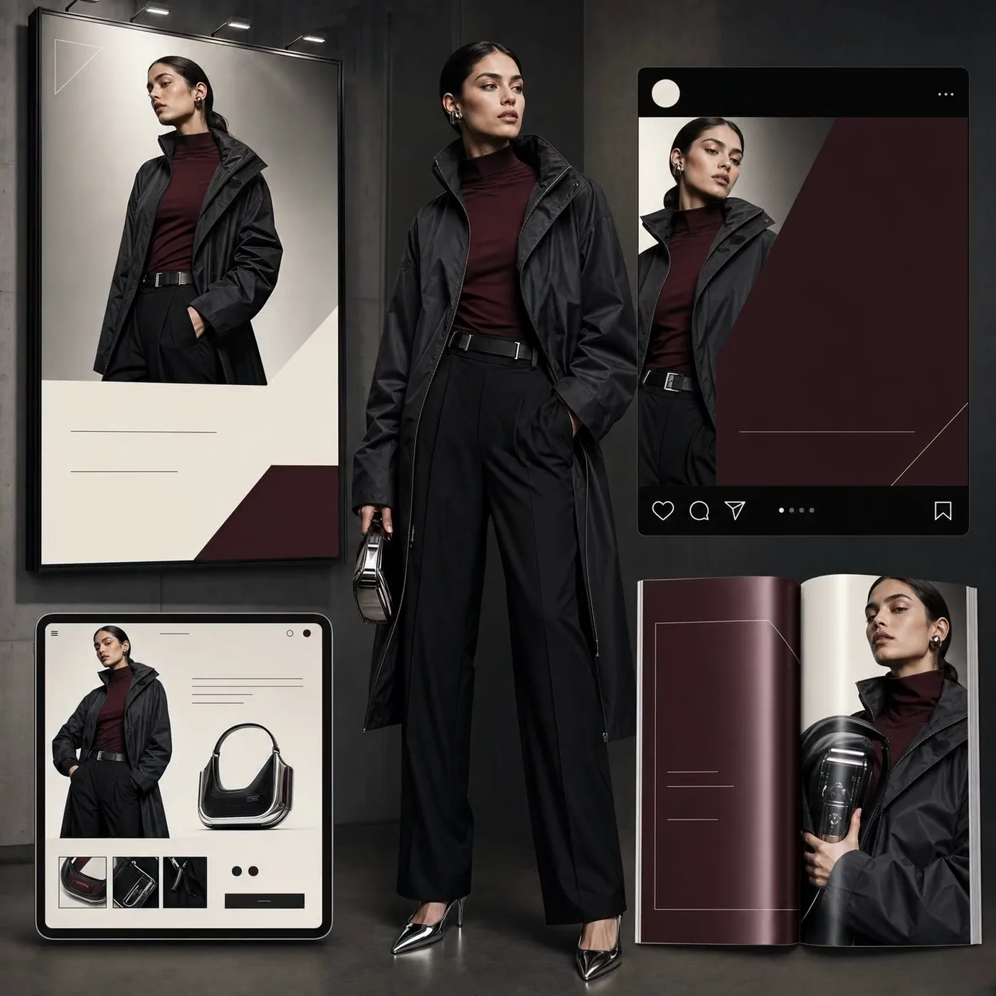 Social posts, a lookbook page and a product card for a dark fashion collection