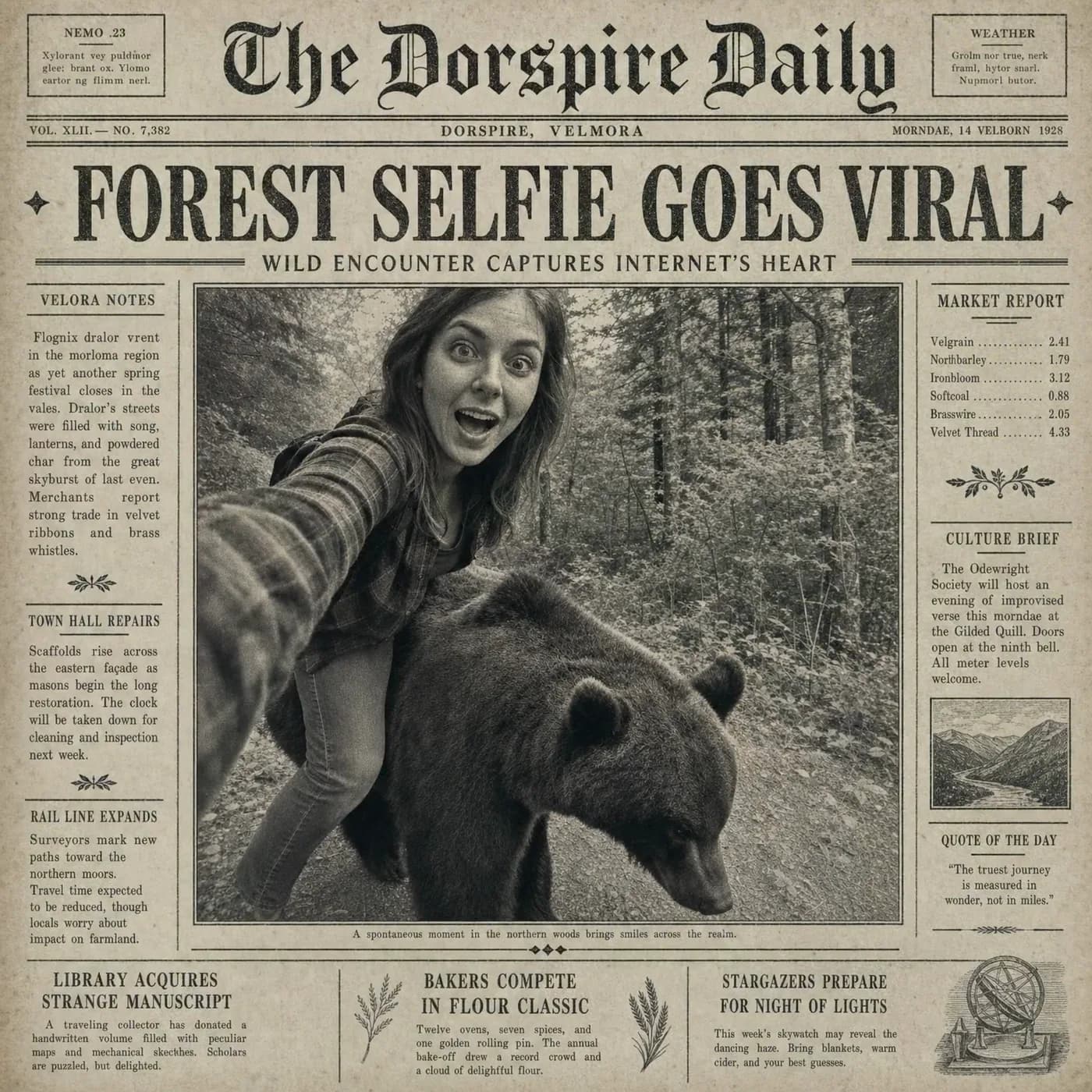 The selfie printed on a newspaper front page under the headline Forest Selfie Goes Viral