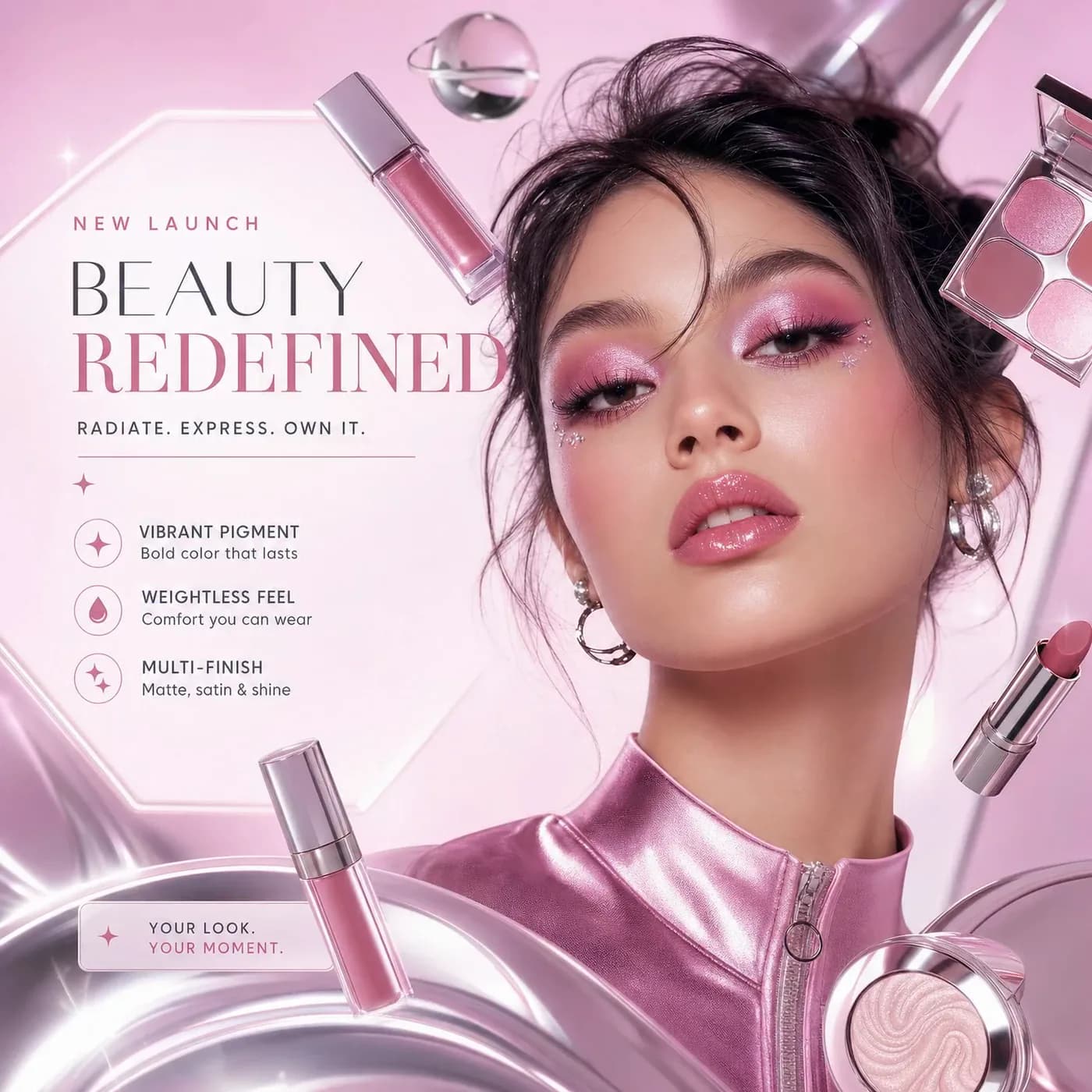A beauty launch poster reading Beauty Redefined beside a woman in pink metallic makeup