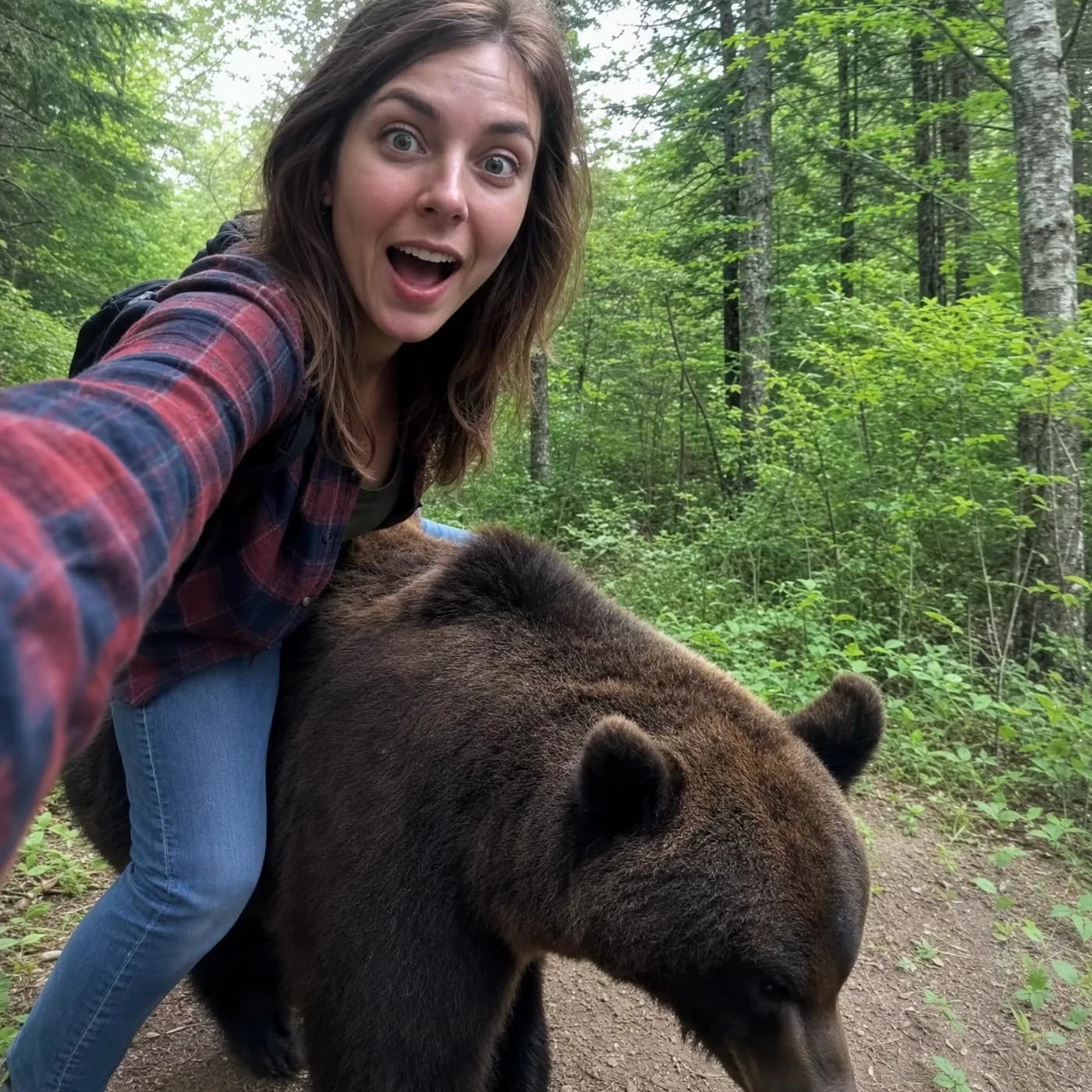 A woman taking a selfie with a brown bear on a forest path