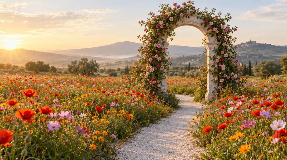 A white stone arch in a field of wildflowers