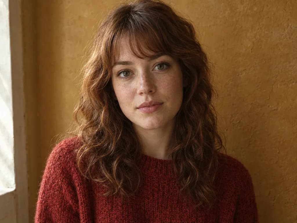 A woman in a red sweater against an ochre wall