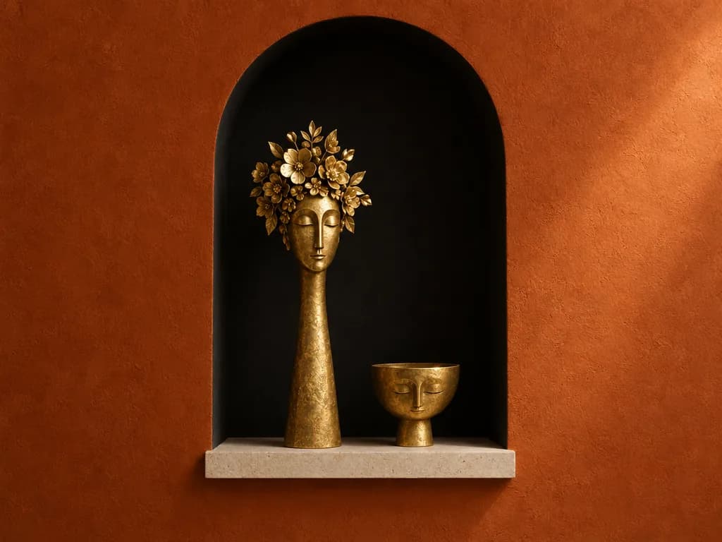 Gold sculptures in a black arch on an orange wall