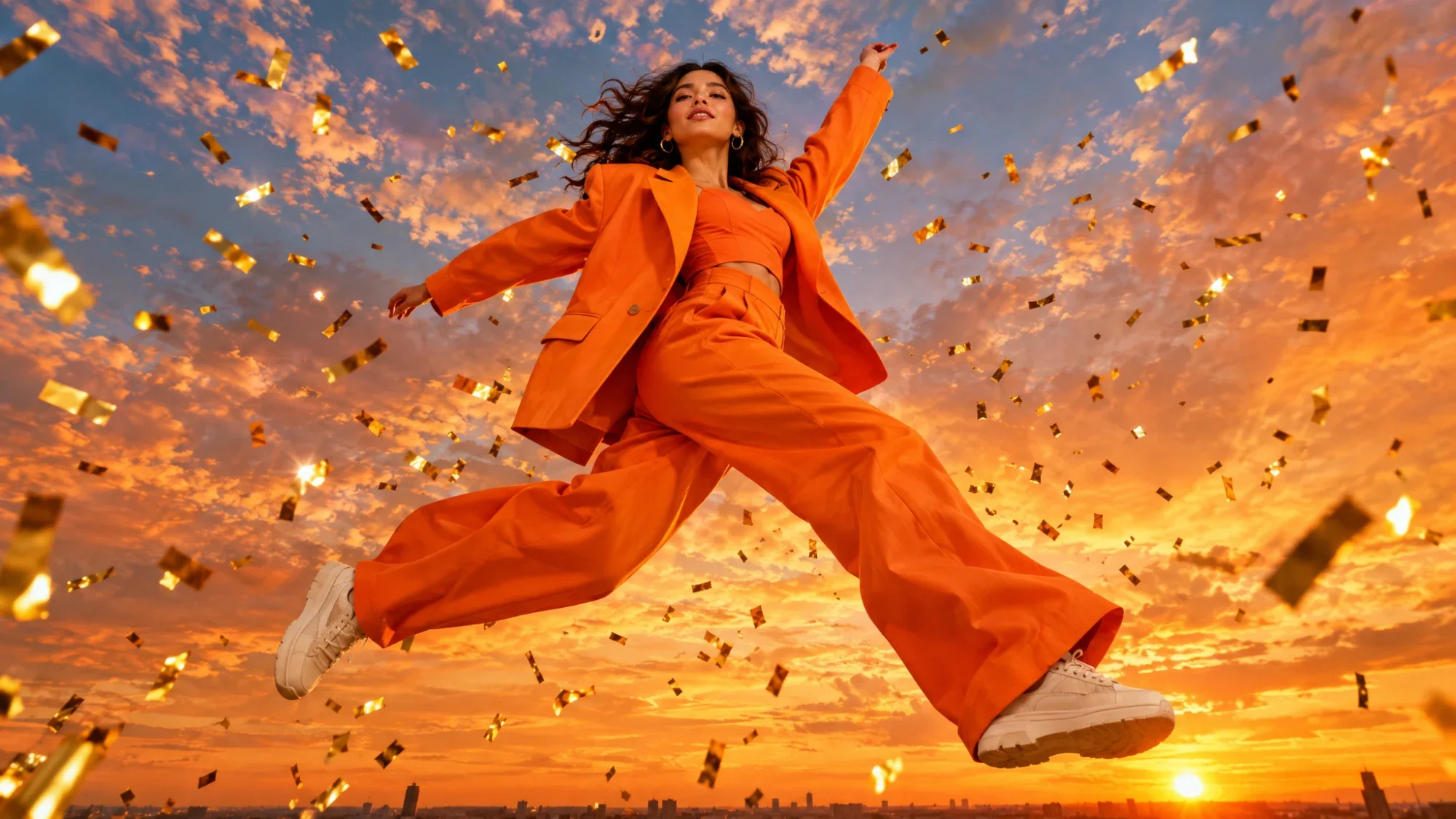 A woman in an orange suit leaping mid-air through golden confetti against a sunset sky