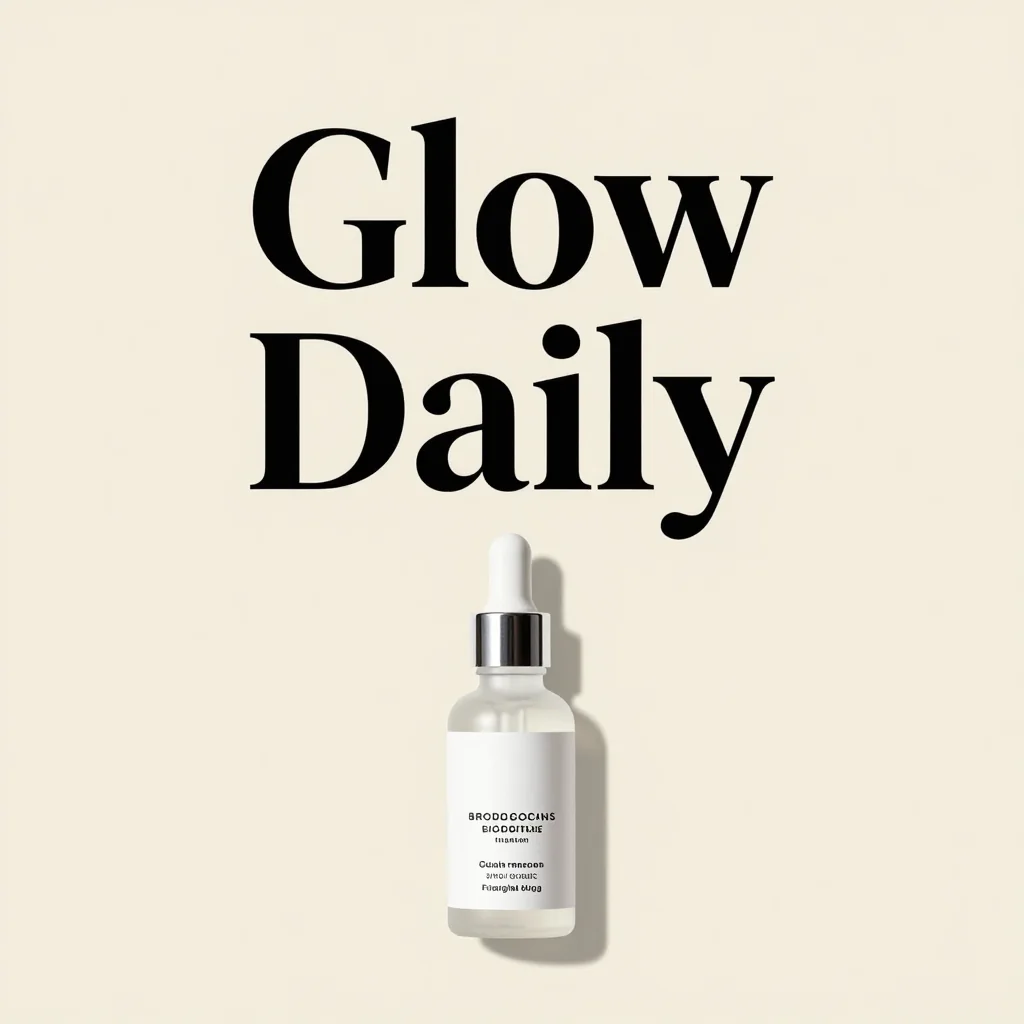 A minimal skincare ad with the headline Glow Daily above a serum bottle