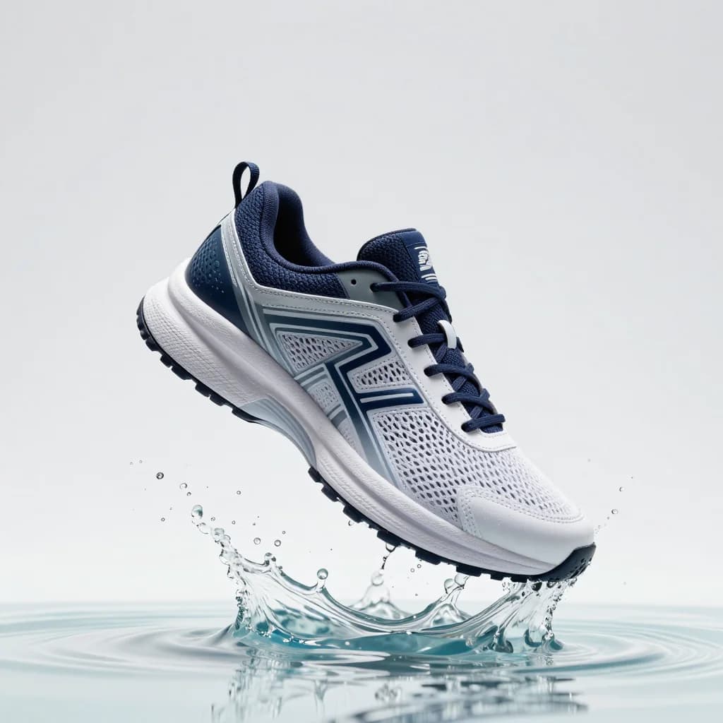 A running shoe floating over a splash of water on a bright background