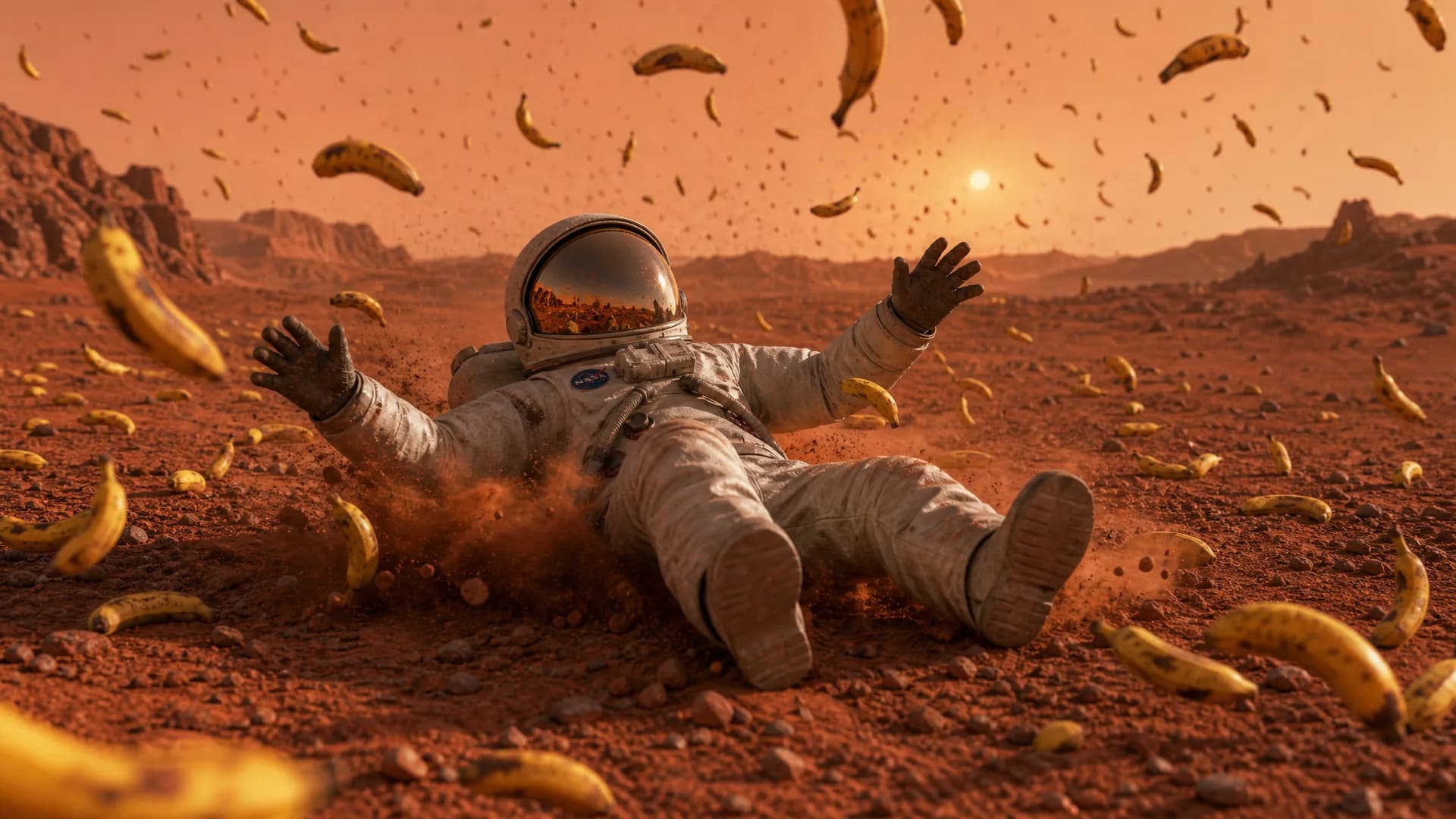 An astronaut sprawled in red desert sand as bananas rain down at dusk