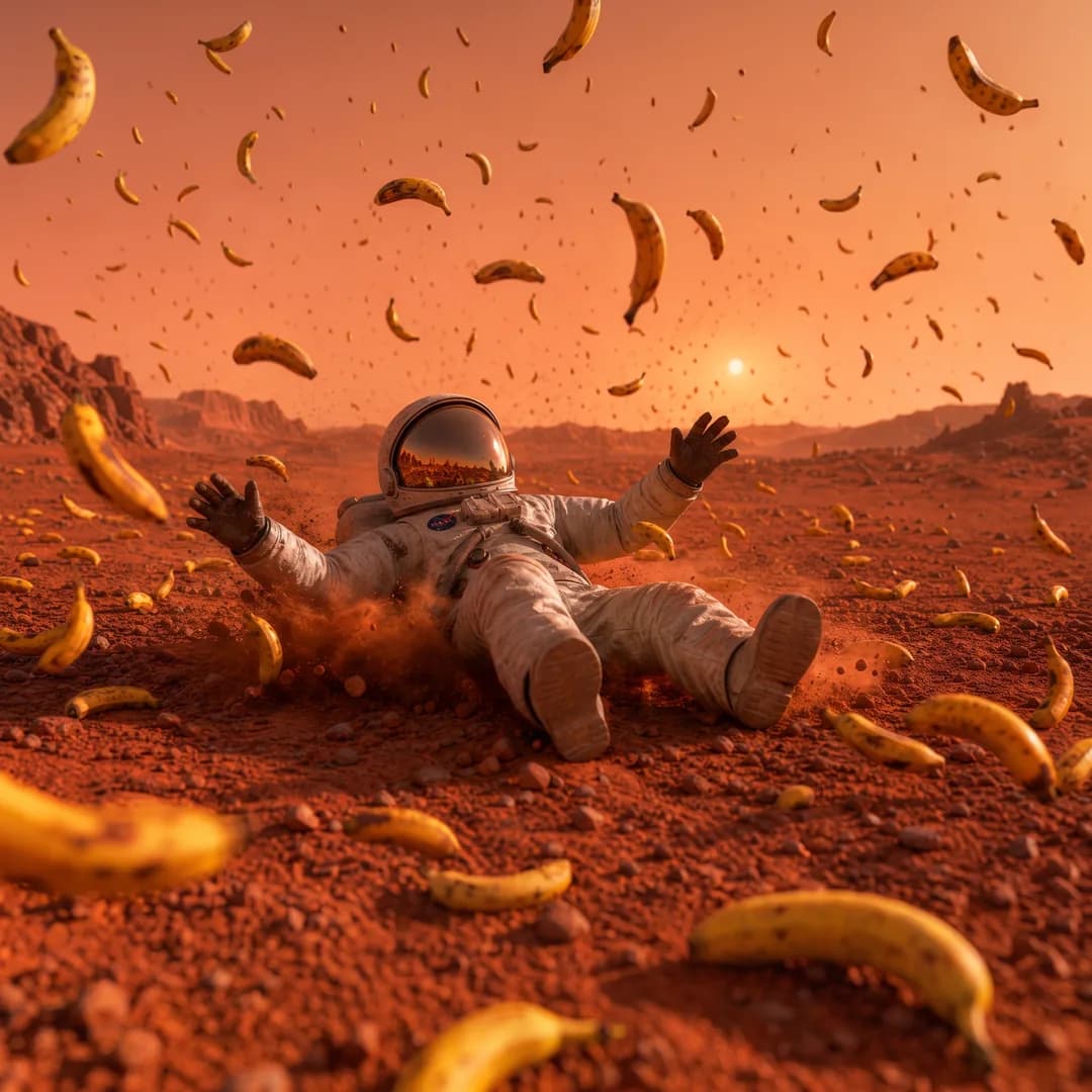 An astronaut sprawled in red desert sand as bananas rain down
