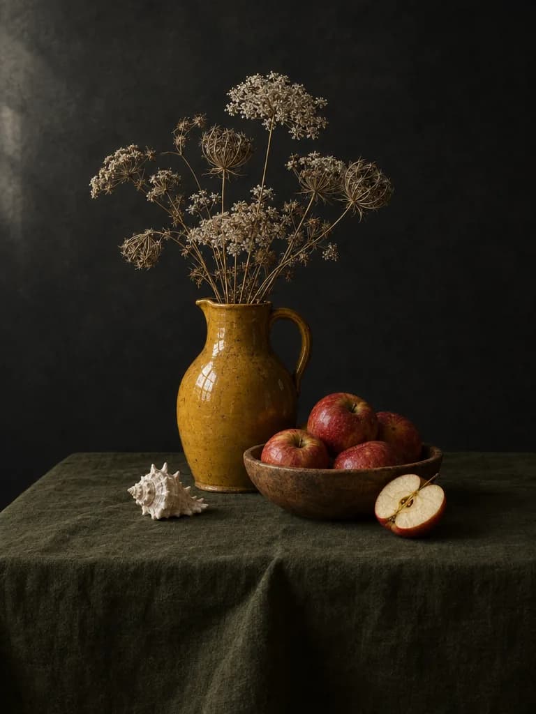 A still life of a yellow jug, dried flowers and apples
