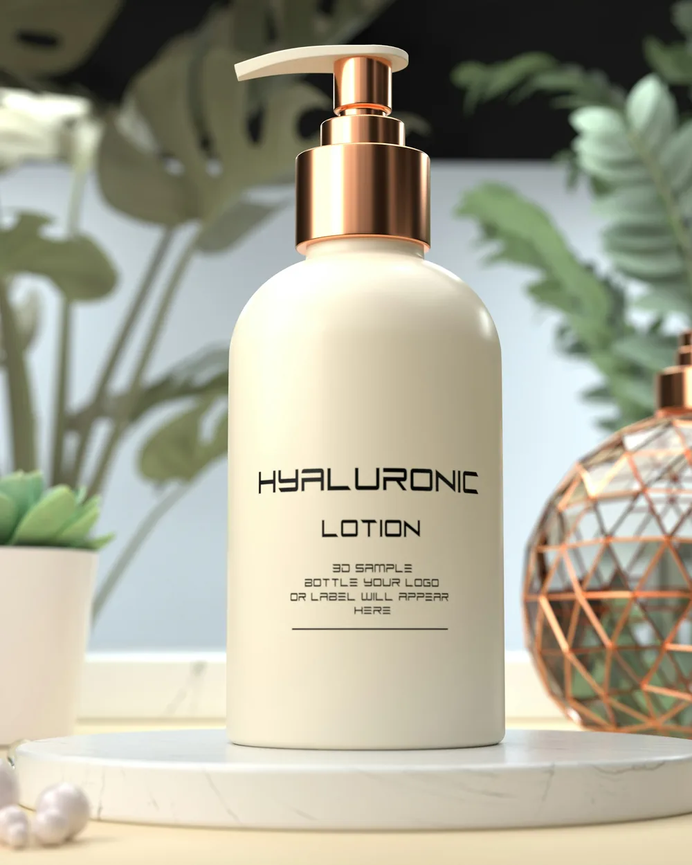 A cream pump bottle labelled Hyaluronic Lotion beside a copper orb