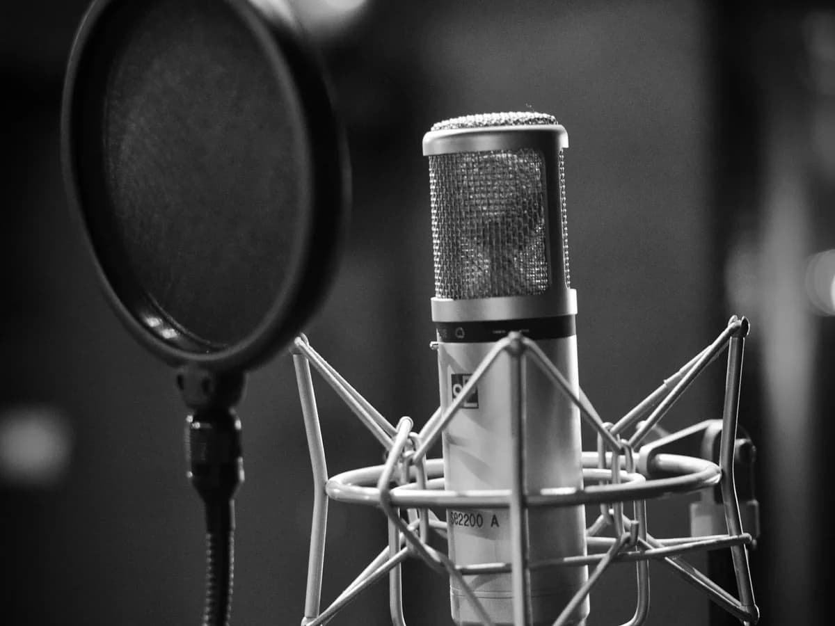 A studio vocal microphone behind a pop filter