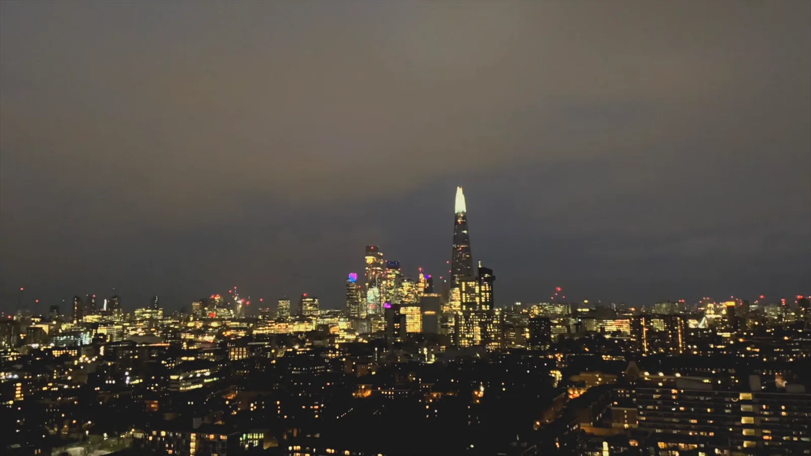 A city skyline at night