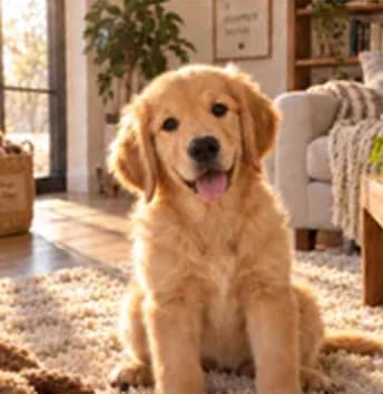 A golden retriever puppy sitting on a rug