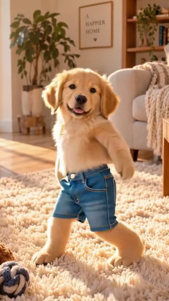 A golden retriever puppy in jeans dancing in a living room