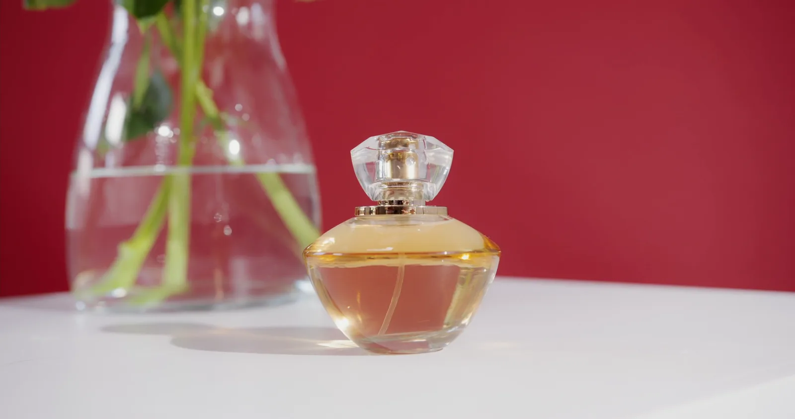 A perfume bottle beside a glass vase on a red backdrop