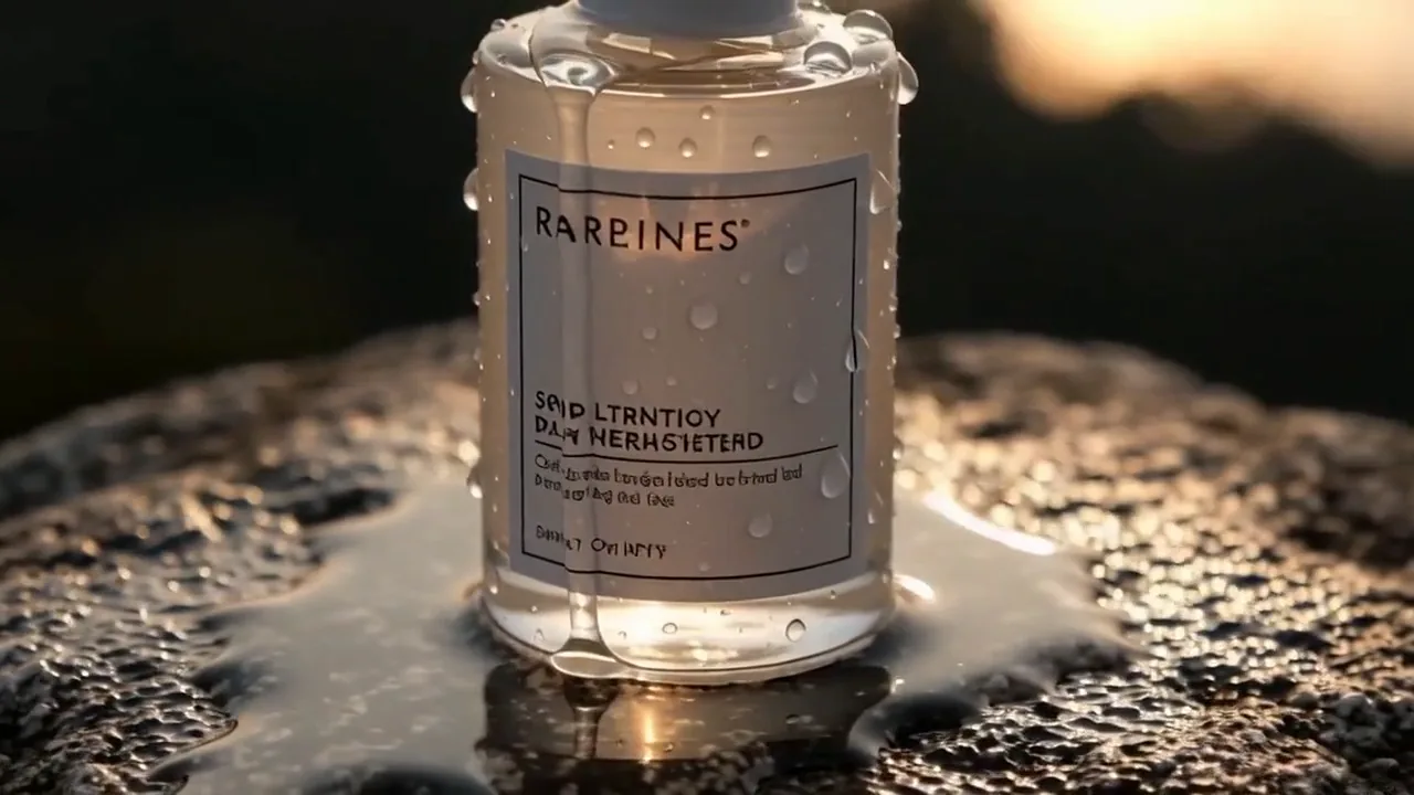 A skincare bottle on wet stone in soft morning light