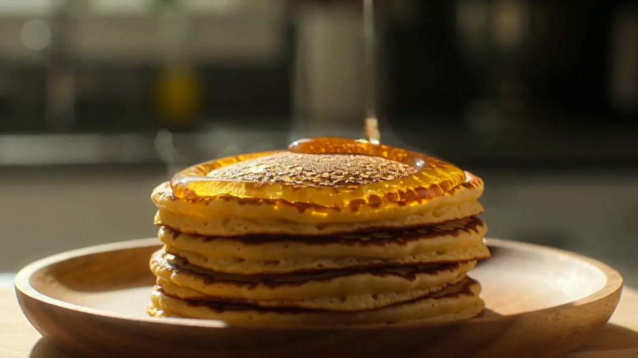 Honey pouring onto a stack of pancakes