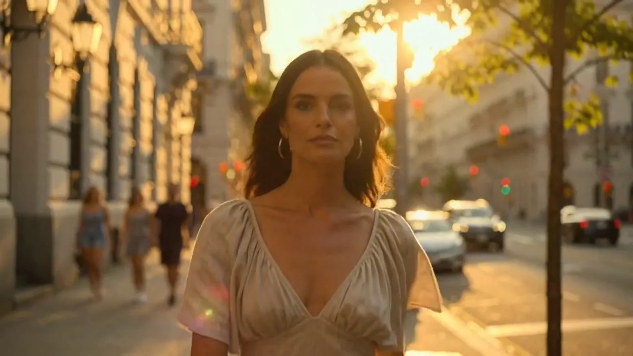A model walking down a city street at golden hour